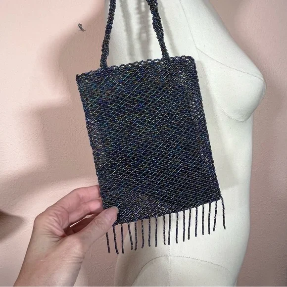 Art deco Vintage Vanessa glass beaded black aurora borealis evening bag - Picture 13 of 17